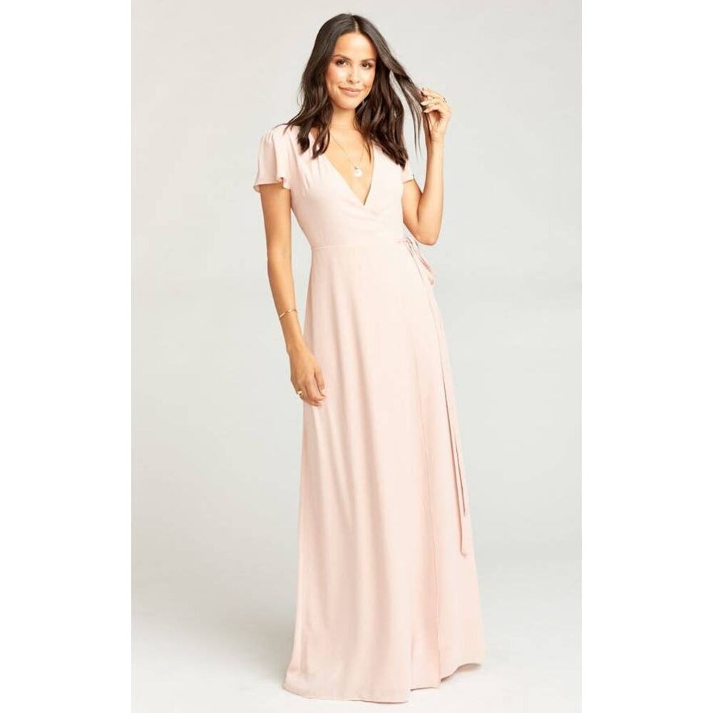 Show Me Your Mumu Noelle Flutter Wrap Maxi Dress in Blush Crisp, Medium